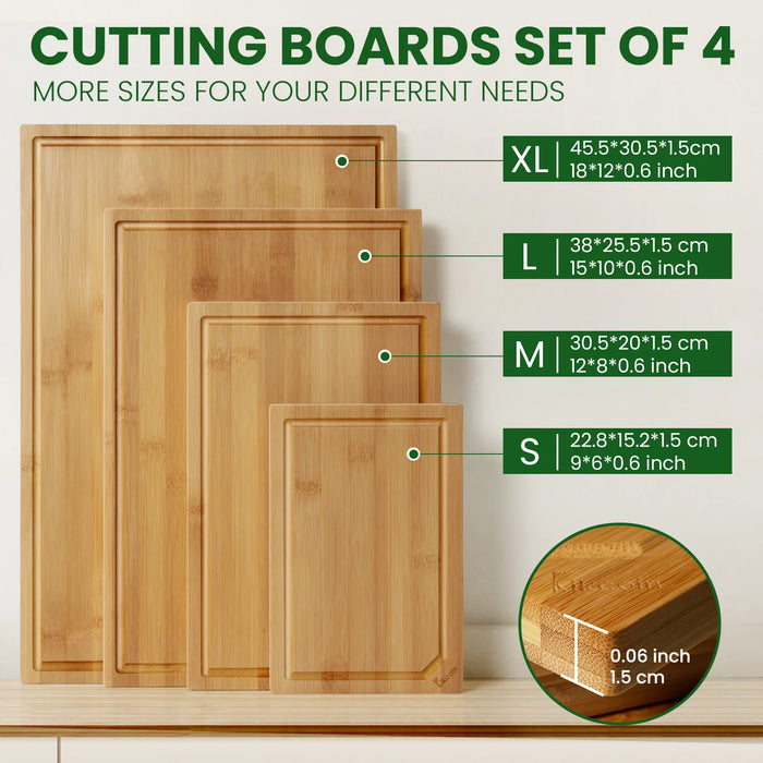 ChefCraft™ XL Bamboo Cutting Board Set – 4-Piece Heavy-Duty Boards with Juice Grooves & Built-In Handles
