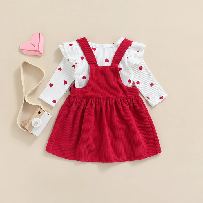 2-Piece Baby Girl Outfit – Heart Print Ruffle Romper & Suspender Skirt Set (0–18M)