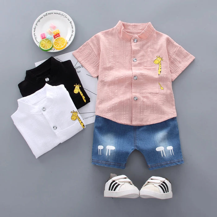 New Summer Toddler Boys Outfit – Cartoon Tee & Denim Shorts Set