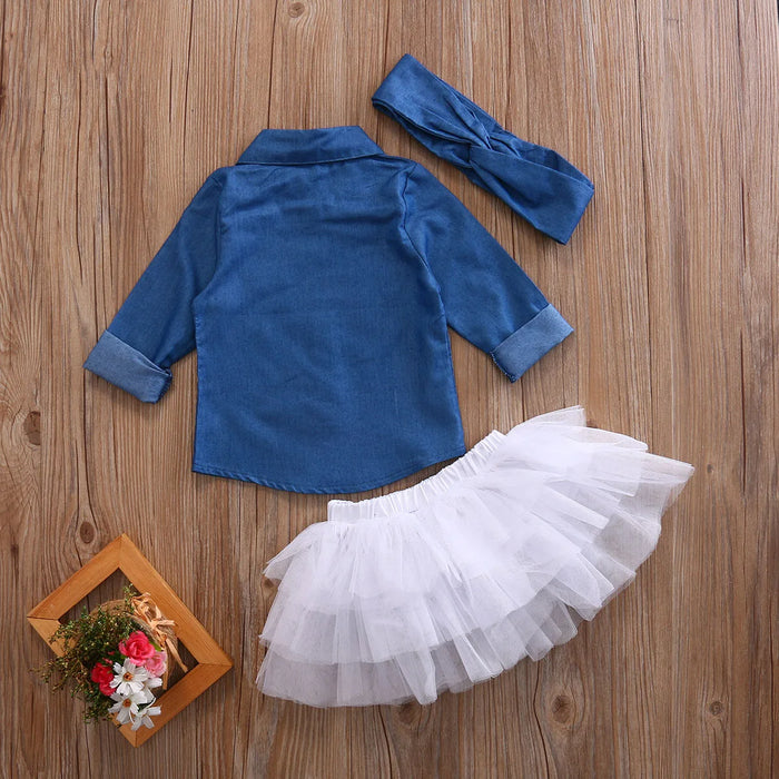 3PCS Baby Girl Summer Outfit Set – Denim Top, Tutu Skirt & Headband for Toddlers (0-5Y)
