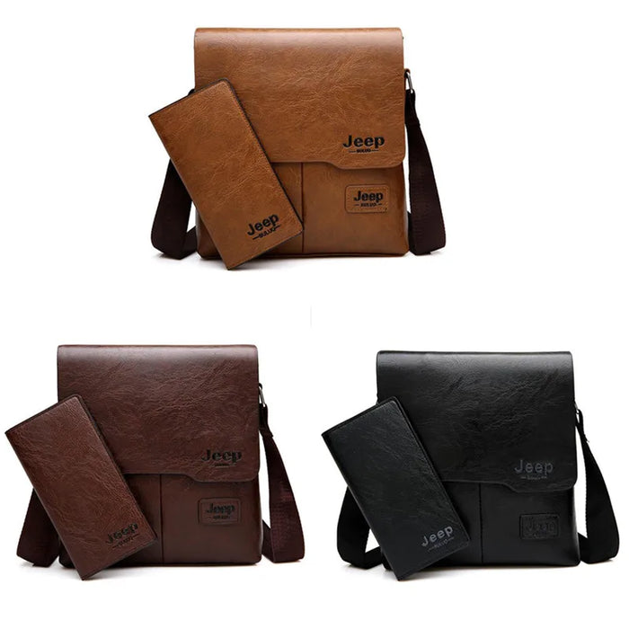 JEEP 2PC/Set Men Leather Messenger Shoulder Business Crossbody Famous Brand Bags