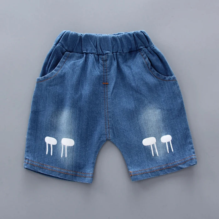 New Summer Toddler Boys Outfit – Cartoon Tee & Denim Shorts Set
