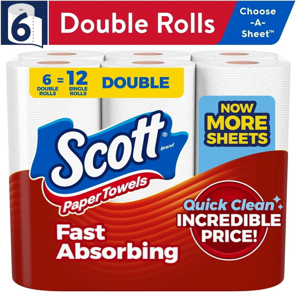 Scott™ Paper Towels – 6 Double Rolls with Choose-A-Sheet Flex & Quick-Absorb Texture