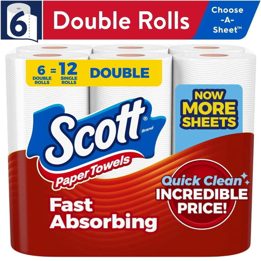 Scott™ Paper Towels – 6 Double Rolls with Choose-A-Sheet Flex & Quick-Absorb Texture