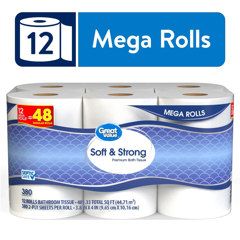 Great Value Soft & Strong Premium Toilet Paper, 12 Mega Rolls 2025 NEW