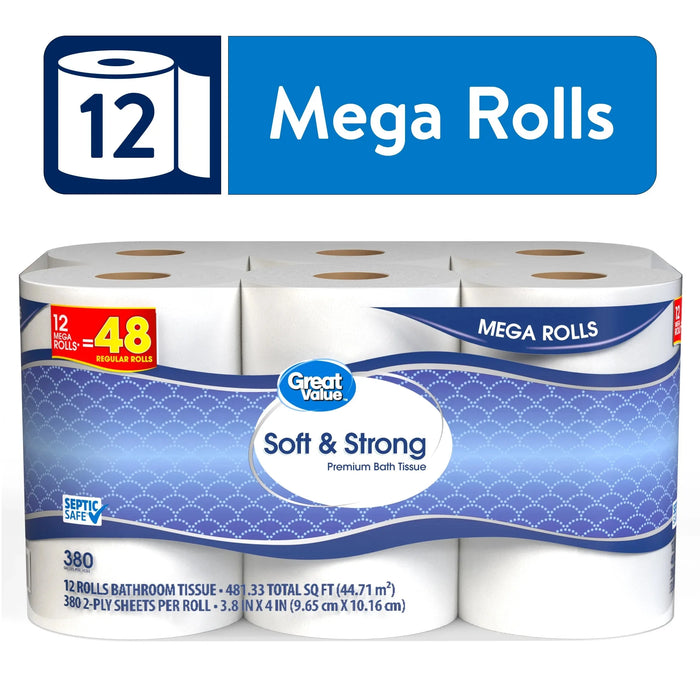Great Value Soft & Strong Premium Toilet Paper, 12 Mega Rolls 2025 NEW