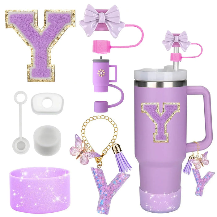 8-Piece Accessories Set for Stanley 30oz & 40oz Tumblers – Silicone Straw Covers, Protective Boot, Handle Charm & Initial Stickers