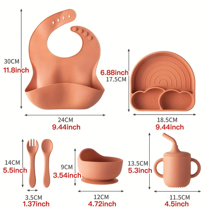 6-Piece Silicone Baby Feeding Set – Baby Led Weaning Supplies with Suction Plate, Bowl, Spoon, Fork & Bib – BPA-Free, Self-Feeding Utensils
