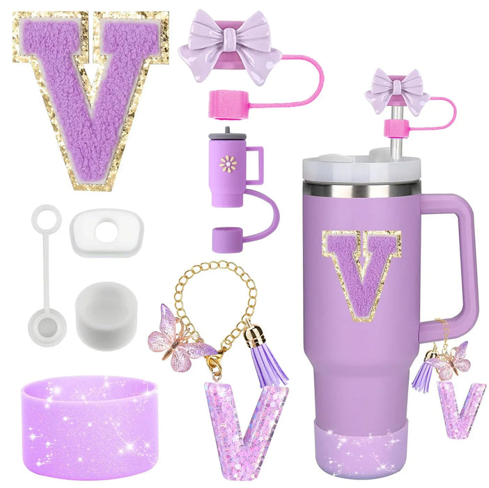 8-Piece Accessories Set for Stanley 30oz & 40oz Tumblers – Silicone Straw Covers, Protective Boot, Handle Charm & Initial Stickers