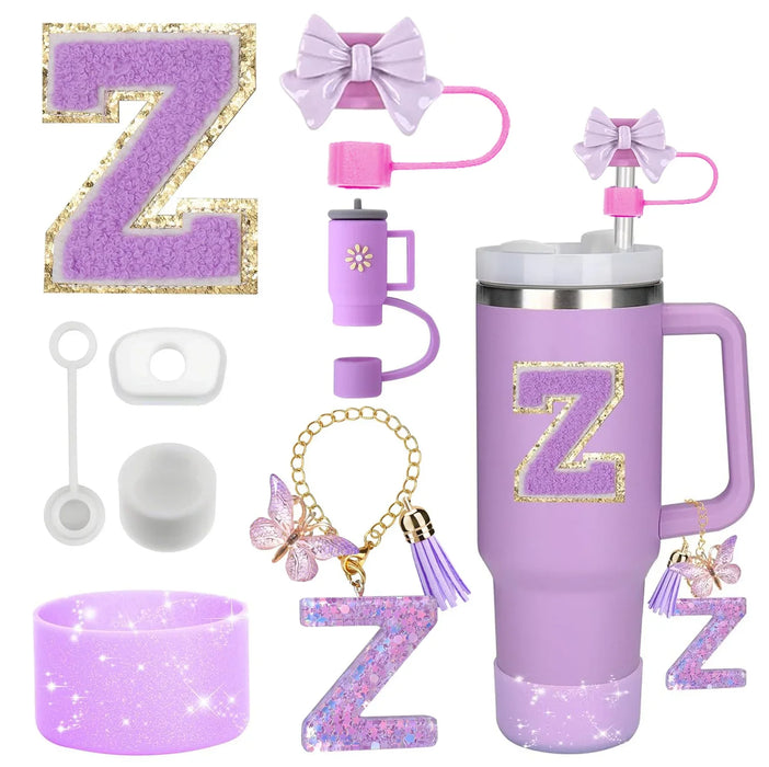8-Piece Accessories Set for Stanley 30oz & 40oz Tumblers – Silicone Straw Covers, Protective Boot, Handle Charm & Initial Stickers