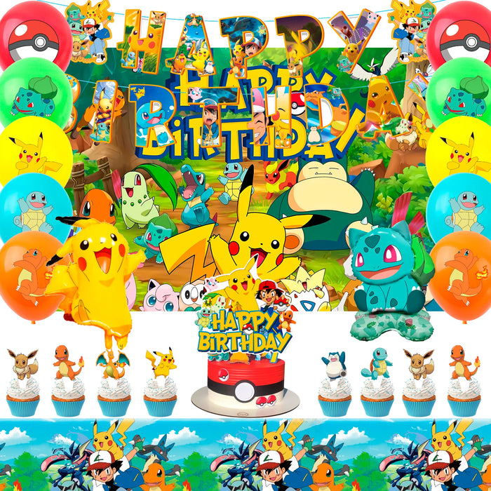 38PCS Pokémon Birthday Party Supplies Set – Pikachu Themed Decorations with Balloons, Banner, Tablecloth & More