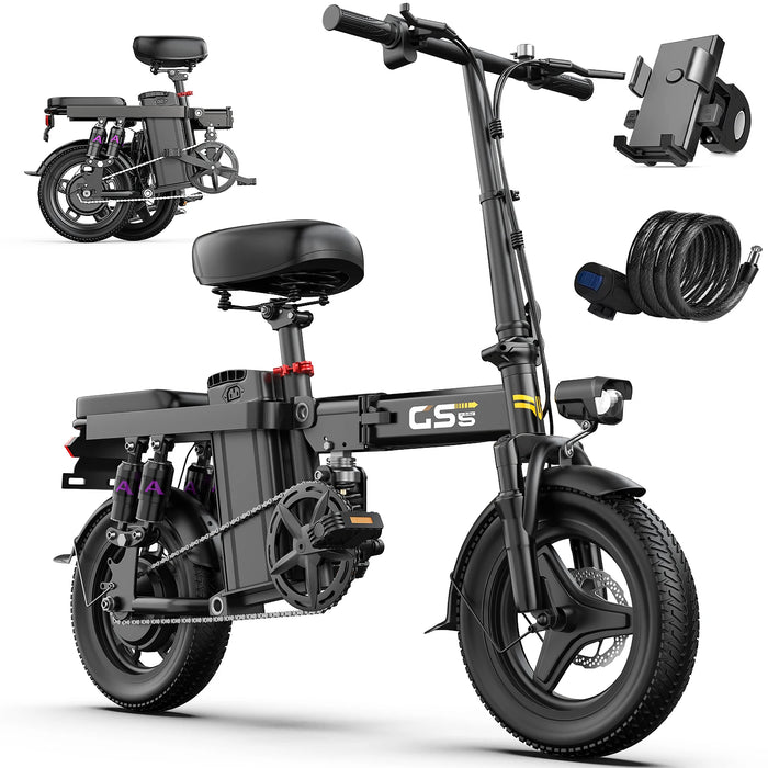 GS5 Smart Folding E-Bike | 30+ MPH High-Torque Electric City Rider | 11-Point Shock Absorption & Portable 14-Inch Fat Tire Design
