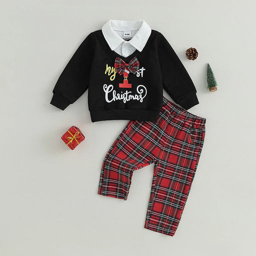 My First Christmas Baby Boy Outfit – 3-24M Long Sleeve Bowtie Top & Plaid Pants Holiday Set