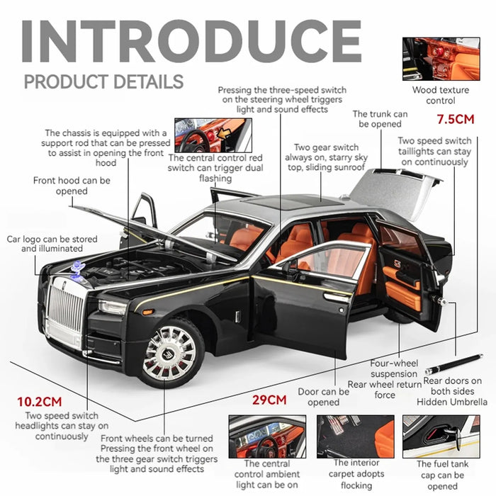 1:18 Rolls-Royce Phantom Die-Cast Model – Zinc Alloy Pull-Back Car with Sound & Light, Realistic Collectible Toy