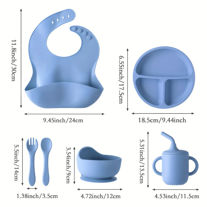 6-Piece Silicone Baby Feeding Set – Suction Bowl, Divided Plate, Straw Cup, Adjustable Bib & Spoon for Toddlers