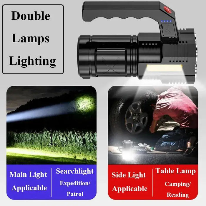 2-in-1 Rechargeable Searchlight & Work Light | High-Power Long-Beam Flashlight for Camping, Patrol, and Emergencies