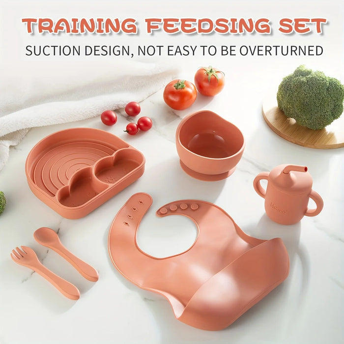 6-Piece Silicone Baby Feeding Set – Baby Led Weaning Supplies with Suction Plate, Bowl, Spoon, Fork & Bib – BPA-Free, Self-Feeding Utensils