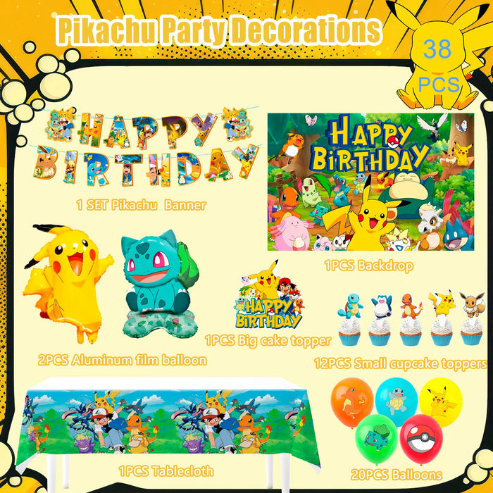 38PCS Pokémon Birthday Party Supplies Set – Pikachu Themed Decorations with Balloons, Banner, Tablecloth & More