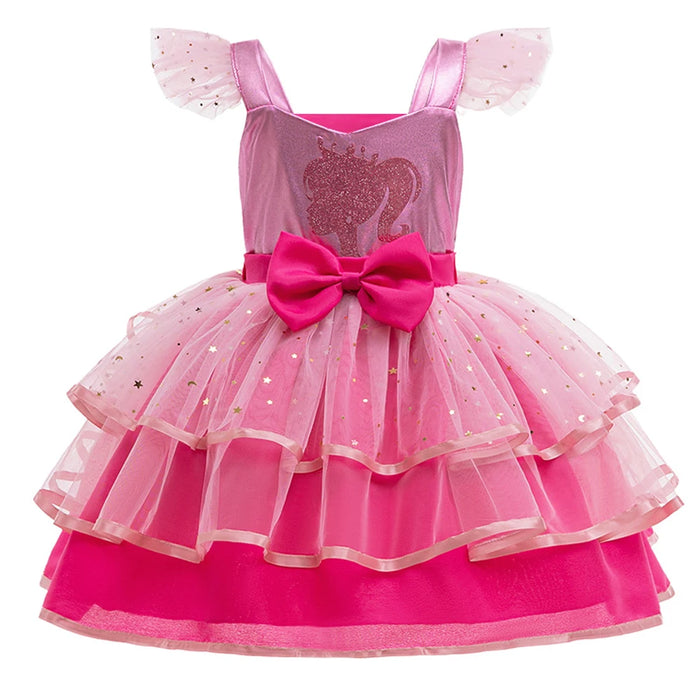 Fly Sleeve Barbie Party Dresses for Girl Pink Tulle Princess Dress Birthday Prom Gown
