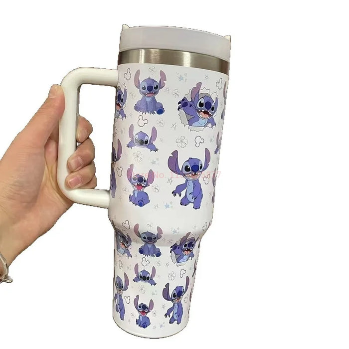 Stitch & Angel 40oz Stainless Steel Tumbler – Cute Cartoon Thermal Mug with Straw & Lid | Hot & Cold Insulated Travel Cup