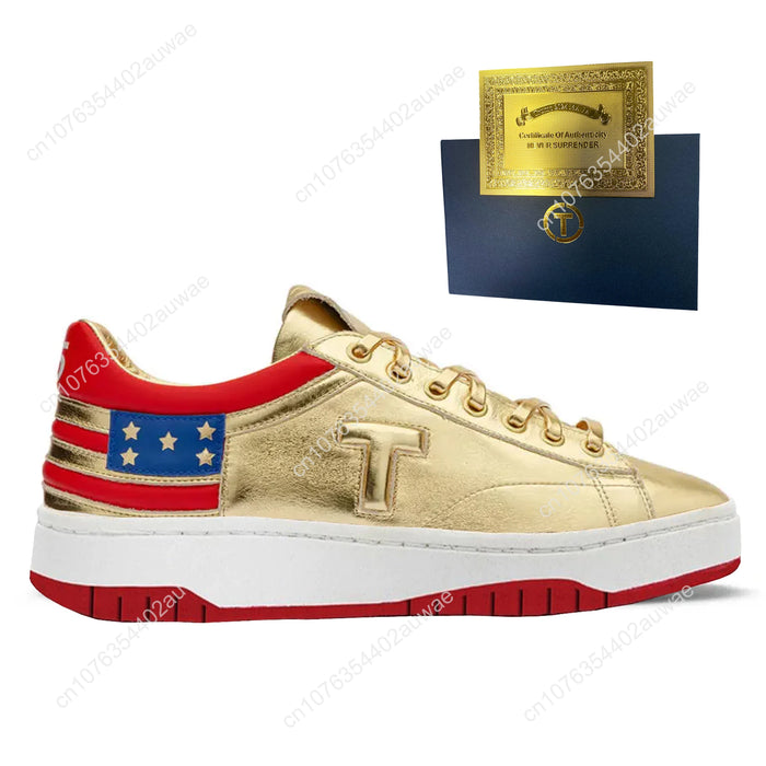 Trump Gold MAGA Never Surrender Shooting Makes Me Stronger Sneakers