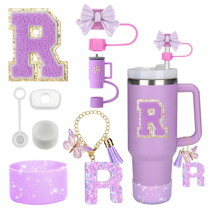 8-Piece Accessories Set for Stanley 30oz & 40oz Tumblers – Silicone Straw Covers, Protective Boot, Handle Charm & Initial Stickers