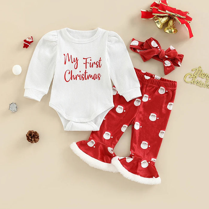 3PCS Baby Girl Christmas Outfit – Santa Claus & Letter Print Long Sleeve Top, Flare Pants & Headband (0-18M)