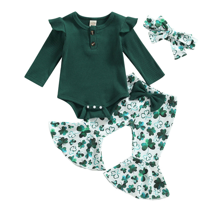Baby Girl St. Patrick’s Day Outfit – 0–18M Clover Print Flare Pants & Long Sleeve Romper Set
