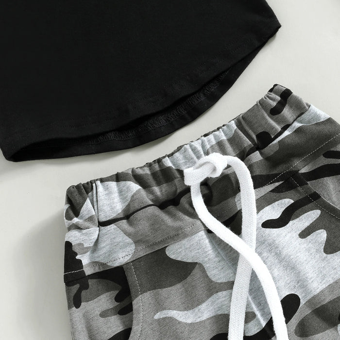 2PCS Baby Boy Summer Set – Camouflage Pocket Hooded Tank & Elastic Waist Shorts (0-3T)