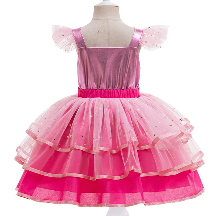 Fly Sleeve Barbie Party Dresses for Girl Pink Tulle Princess Dress Birthday Prom Gown