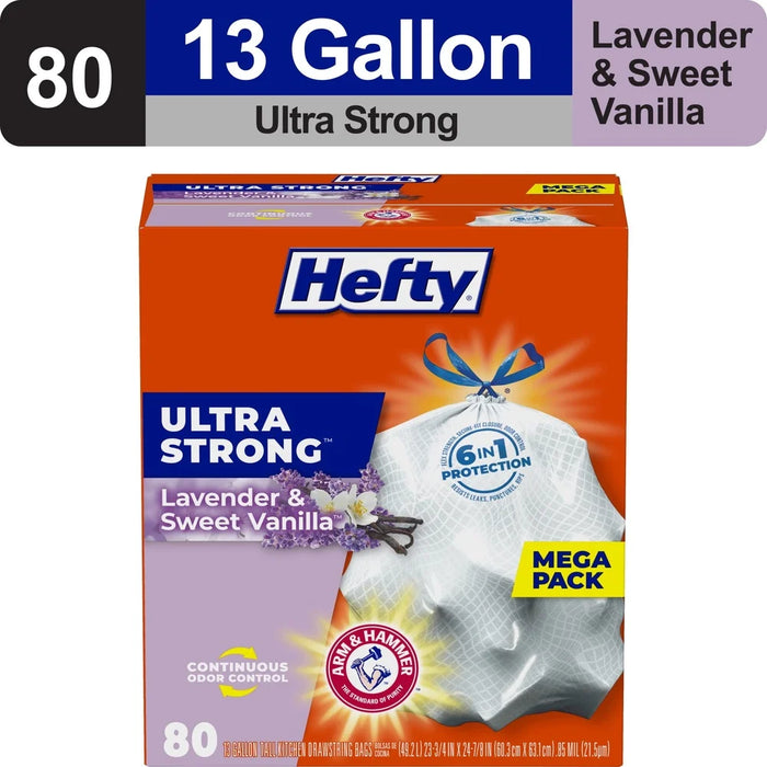 Ultra Strong 13-Gallon Tall Kitchen Trash Bags – Odor Control with Lavender & Sweet Vanilla Scent, Leak-Resistant Drawstring, 80 Count