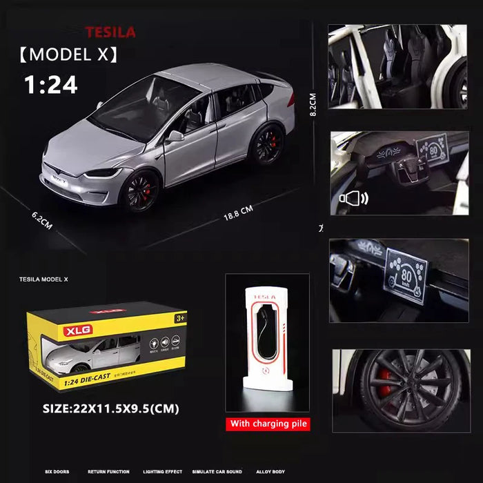 1:24 Tesla X Die-Cast Model – Alloy Pull-Back Car with Sound & Light, Metal Simulation Toy for Kids & Collectors