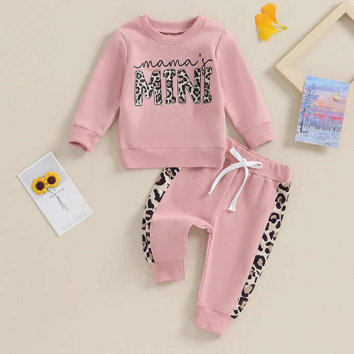 Baby Girl Leopard Print Outfit – 2PC Long Sleeve Pullover & Strap Pants Set (0–3Y)