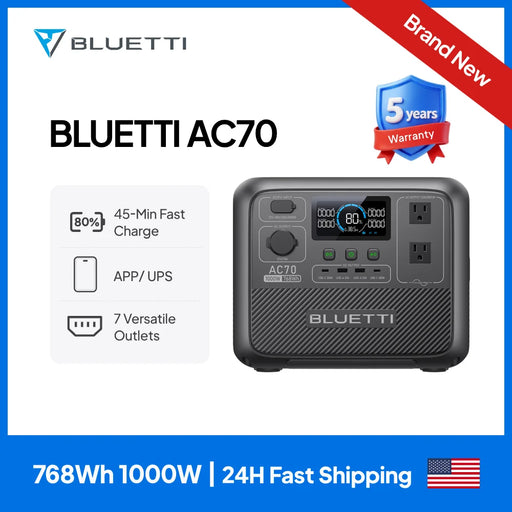 BLUETTI AC70 Portable Power Station – 1000W AC Output, 768Wh LiFePO4 Solar Generator for Road Trips, Off-Grid Living & Emergency Backup