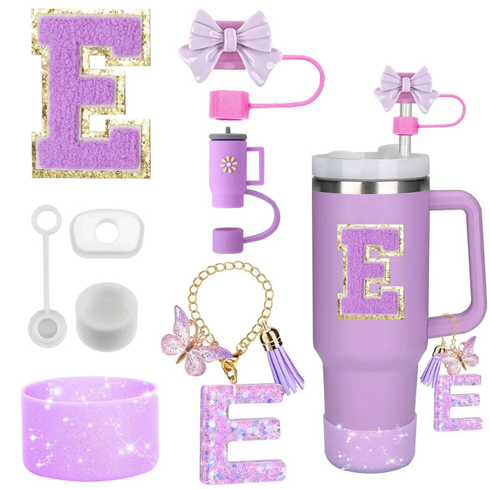 8-Piece Accessories Set for Stanley 30oz & 40oz Tumblers – Silicone Straw Covers, Protective Boot, Handle Charm & Initial Stickers