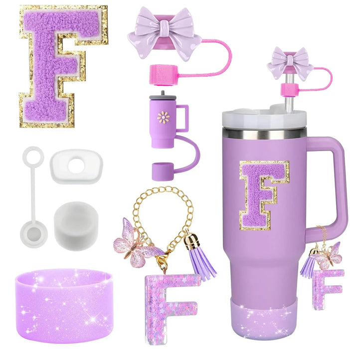 8-Piece Accessories Set for Stanley 30oz & 40oz Tumblers – Silicone Straw Covers, Protective Boot, Handle Charm & Initial Stickers
