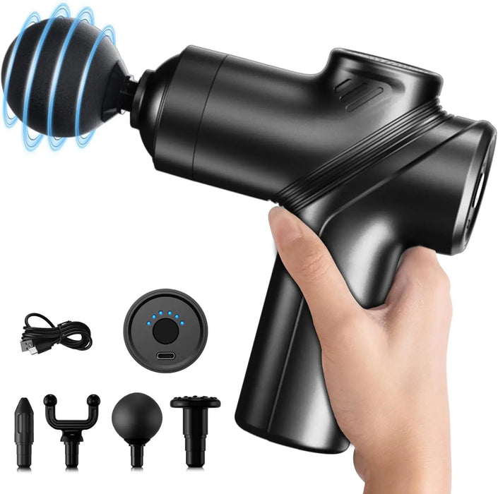 Mini Deep Tissue Massage Gun – Quiet Brushless Motor with 4 Interchangeable Heads | Portable Muscle Massage & Relaxation Device