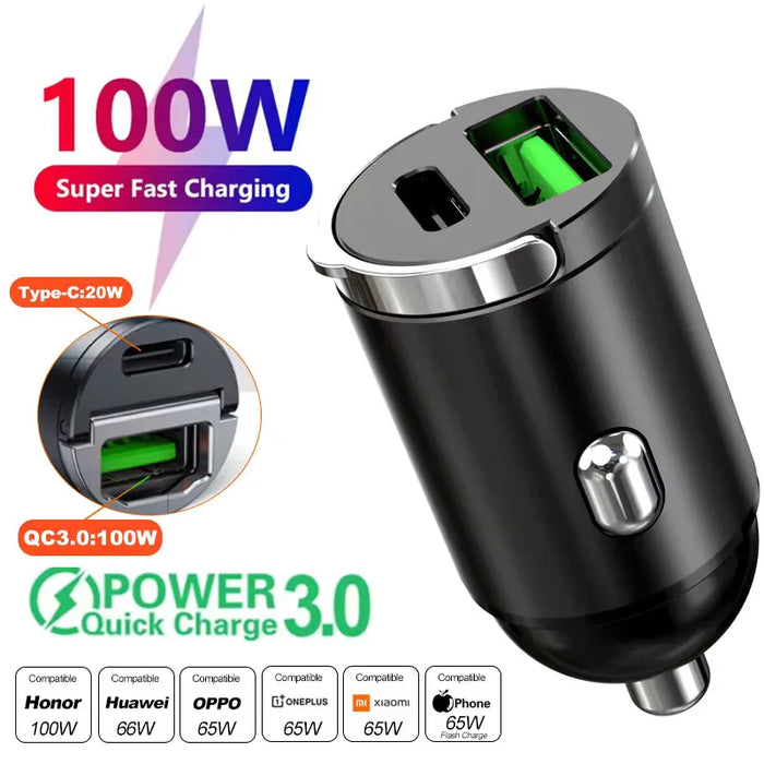 100W/200W Mini Car Charger – QC3.0 PD Fast Charging USB & Type-C Adapter for iPhone, Samsung (12V-24V)