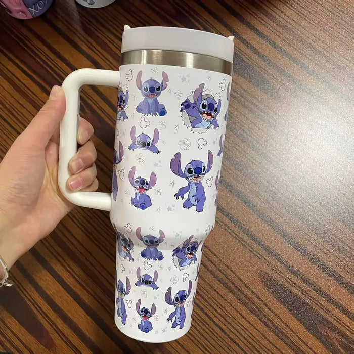 Stitch & Angel 40oz Stainless Steel Tumbler – Cute Cartoon Thermal Mug with Straw & Lid | Hot & Cold Insulated Travel Cup