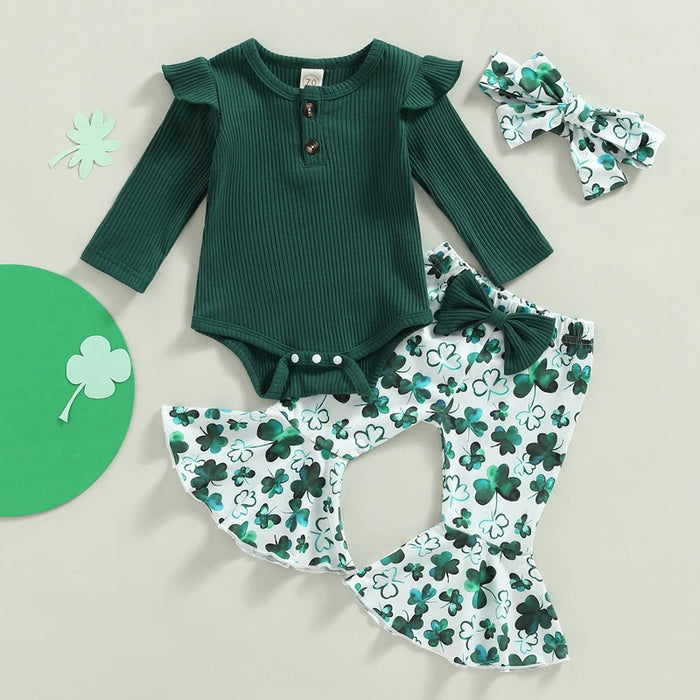 Baby Girl St. Patrick’s Day Outfit – 0–18M Clover Print Flare Pants & Long Sleeve Romper Set