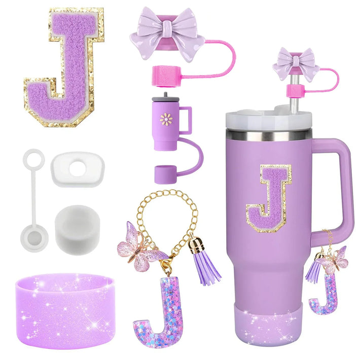 8-Piece Accessories Set for Stanley 30oz & 40oz Tumblers – Silicone Straw Covers, Protective Boot, Handle Charm & Initial Stickers