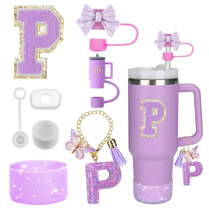 8-Piece Accessories Set for Stanley 30oz & 40oz Tumblers – Silicone Straw Covers, Protective Boot, Handle Charm & Initial Stickers