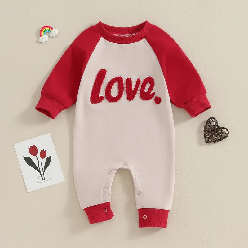 Baby Girl Valentine's Day Romper – Heart Embroidered Long Sleeve Jumpsuit (0–18M)