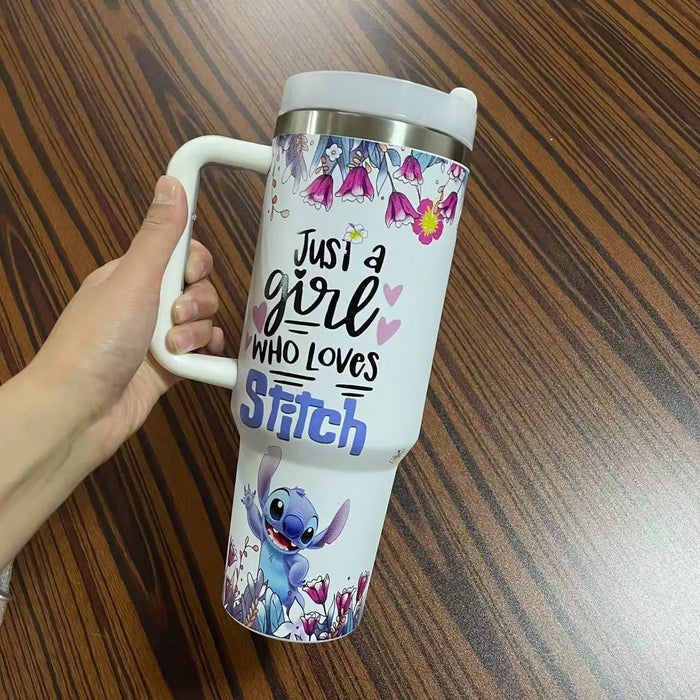 Stitch & Angel 40oz Stainless Steel Tumbler – Cute Cartoon Thermal Mug with Straw & Lid | Hot & Cold Insulated Travel Cup
