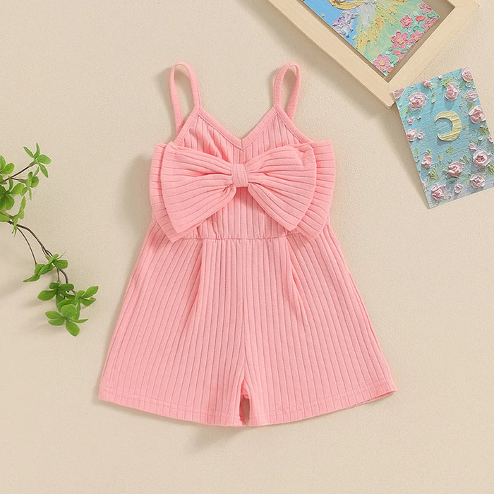 Baby Girl Ribbed Bow Romper – Sleeveless Summer Jumpsuit for Toddlers (6M–4Y)