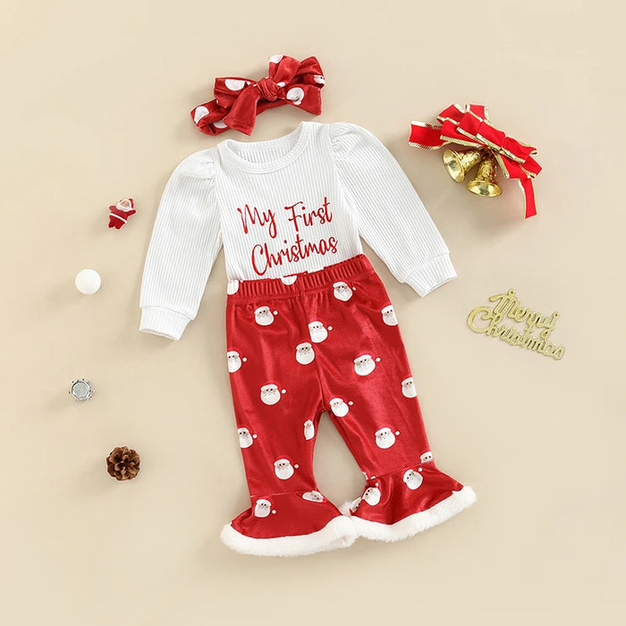 3PCS Baby Girl Christmas Outfit – Santa Claus & Letter Print Long Sleeve Top, Flare Pants & Headband (0-18M)