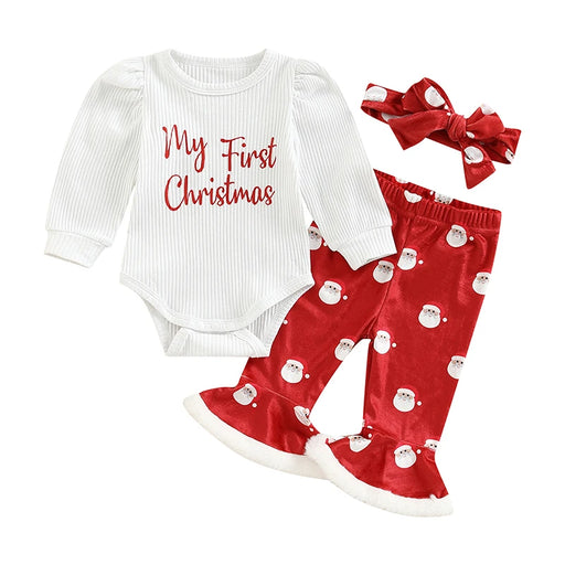 3PCS Baby Girl Christmas Outfit – Santa Claus & Letter Print Long Sleeve Top, Flare Pants & Headband (0-18M)