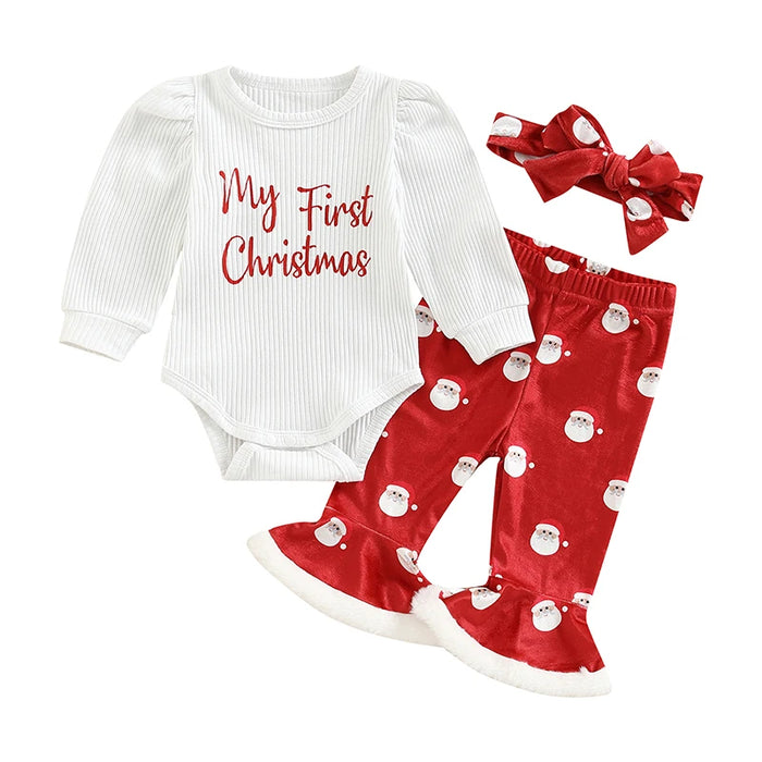 3PCS Baby Girl Christmas Outfit – Santa Claus & Letter Print Long Sleeve Top, Flare Pants & Headband (0-18M)