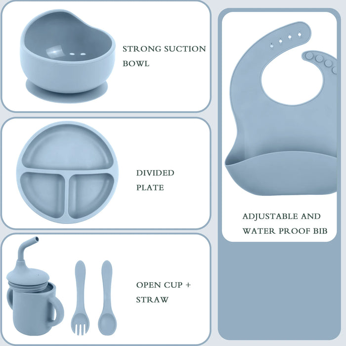 6-Piece Silicone Baby Feeding Set – Suction Bowl, Divided Plate, Straw Cup, Adjustable Bib & Spoon for Toddlers