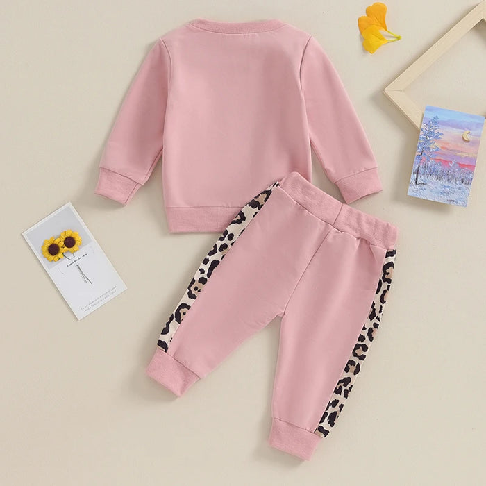 Baby Girl Leopard Print Outfit – 2PC Long Sleeve Pullover & Strap Pants Set (0–3Y)